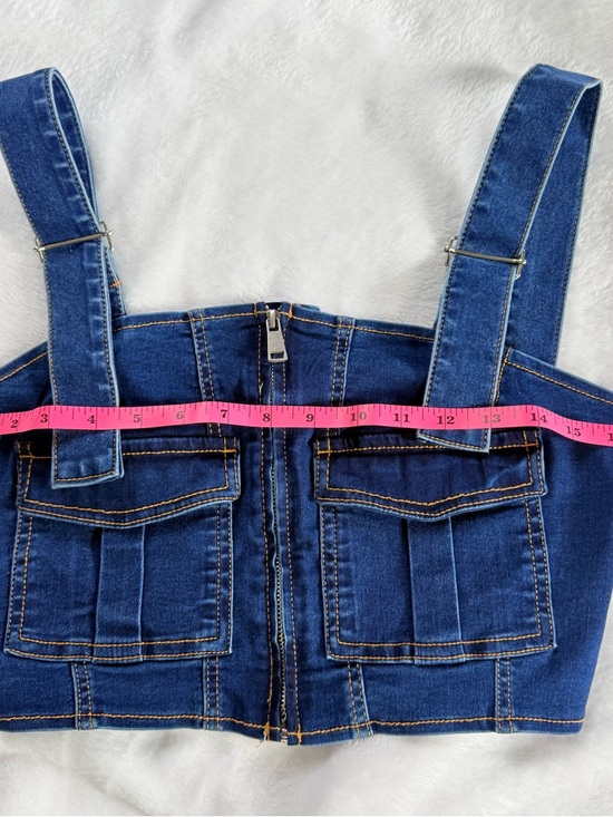 Denim Zip-Front Crop Vest Top Stretchy with Pockets and Adjustable Straps Small - Picture 5 of 7